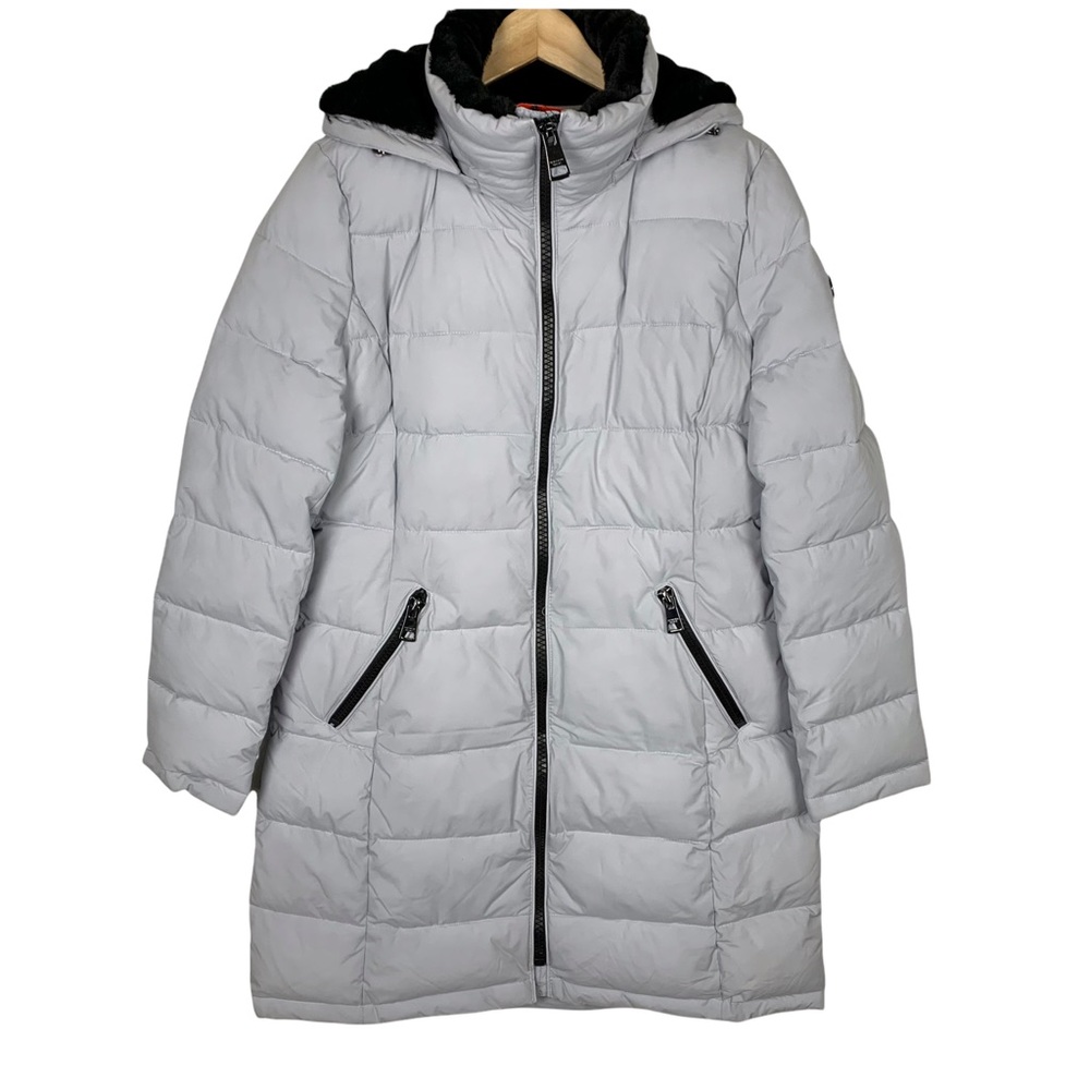 Andrew Marc Light Grey Quilted Hooded Lined Long Stretch Winter Jacket Medium - Picture 1 of 7